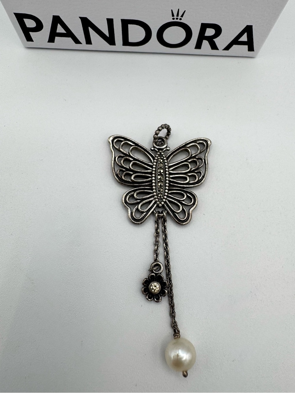 Pandora Love Takes Flight Butterfly CZ Pearl Pendant Retired Silver No box